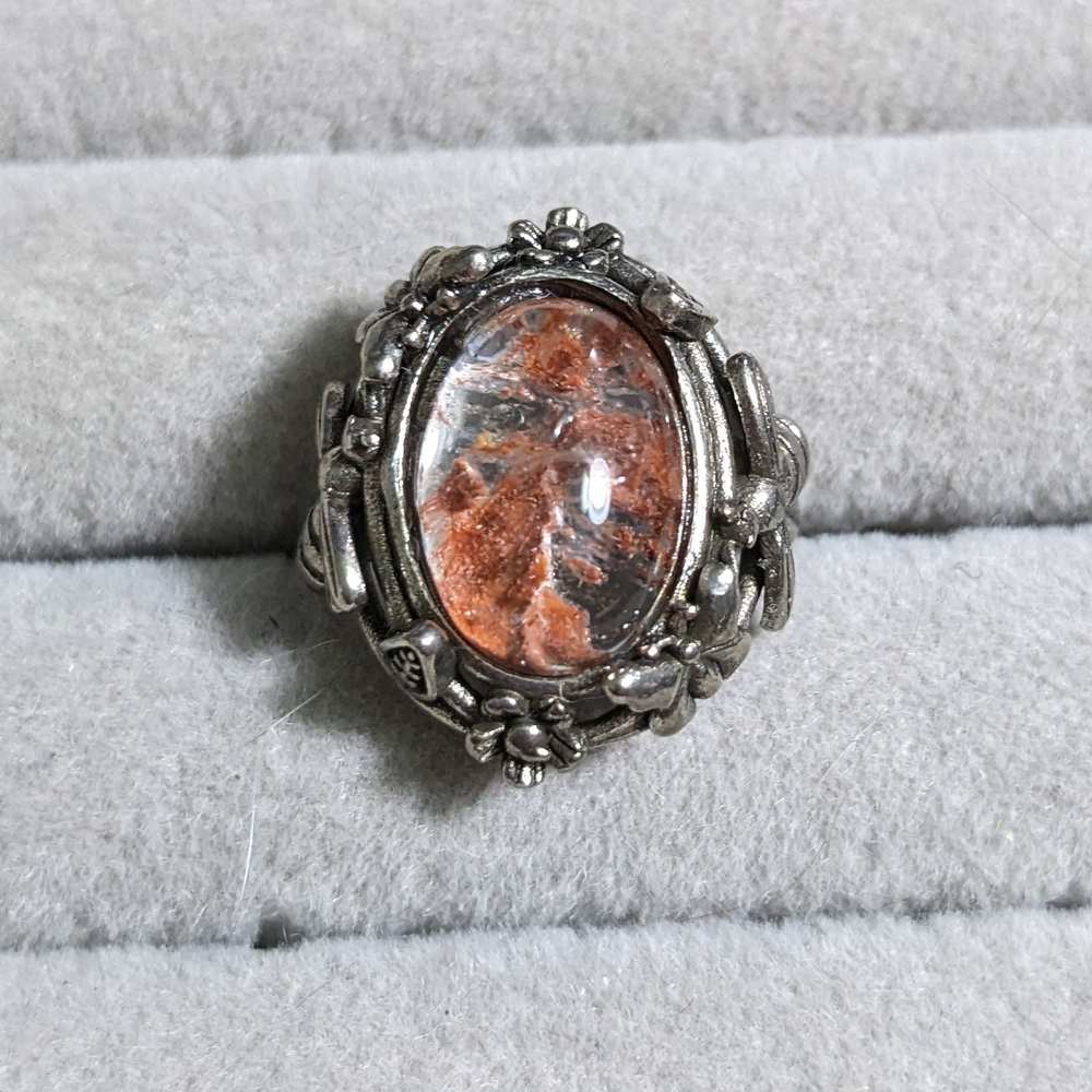 Vintage Silver Floral Ring with Orange Stone